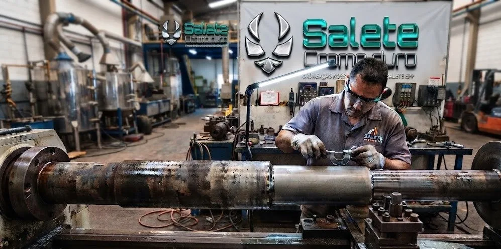 Técnico da Salete Cromo Duro medindo com micrômetro um eixo industrial desgastado apoiado no torno, com painel da marca e equipamentos de cromagem ao fundo da oficina