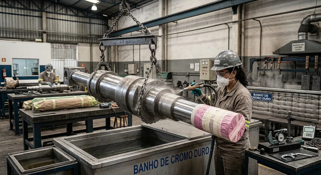 Técnica da Salete Cromo Duro aplicando banho de cromo duro em um eixo industrial suspenso por talha
